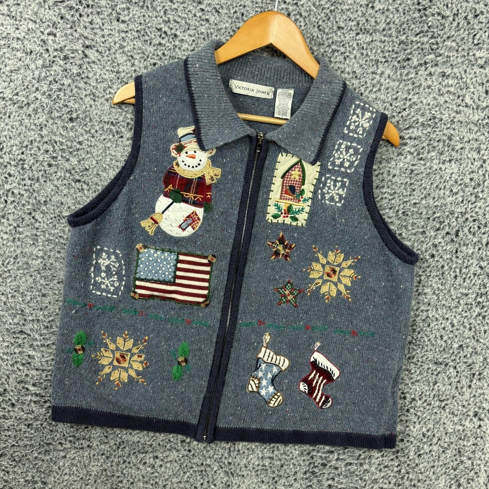 Vintage Ugly Christmas Sweater Vest Womens XL Cardigan Full Zip Snowman Flag